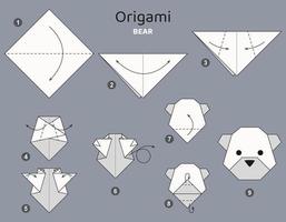 Tutorial Bear origami scheme. isolated origami elements on grey backdrop. Origami for kids. Step by step how to make origami bear. Vector illustration.