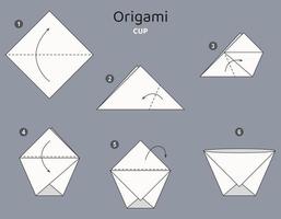 Tutorial Cup origami scheme. isolated origami elements on grey backdrop. Origami for kids. Step by step how to make origami Cup. Vector illustration.