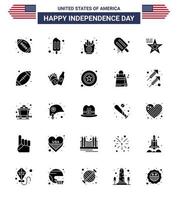 Pack of 25 USA Independence Day Celebration Solid Glyph Signs and 4th July Symbols such as flag star food usa cream Editable USA Day Vector Design Elements