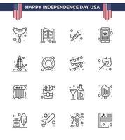 Set of 16 Modern Lines pack on USA Independence Day rocket phone religion mobile star Editable USA Day Vector Design Elements