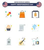 Set of 9 Vector Flats on 4th July USA Independence Day such as text celebration alert sweet cake Editable USA Day Vector Design Elements