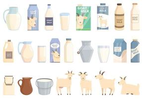 Goat milk icons set cartoon vector. Beverage box vector