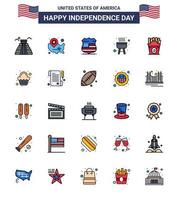 Group of 25 Flat Filled Lines Set for Independence day of United States of America such as fastfood cook location pin bbq security Editable USA Day Vector Design Elements