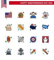 16 señales de línea llenas planas para el día de la independencia de EE. UU. Compra dinero bolsa americana bebida elementos de diseño vectorial editables del día de EE. UU. vector