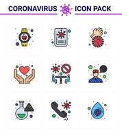 Coronavirus Prevention Set Icons 9 Filled Line Flat Color icon such as conference health care bacteria heart care viral coronavirus 2019nov disease Vector Design Elements