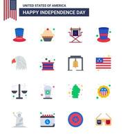 Group of 16 Flats Set for Independence day of United States of America such as bird magic hat director hat american Editable USA Day Vector Design Elements