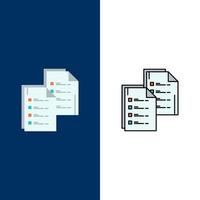 documento análisis datos copia papel currículum iconos plano y línea llena conjunto de iconos vector fondo azul