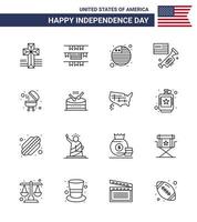 Pack of 16 USA Independence Day Celebration Lines Signs and 4th July Symbols such as instrument grill international flag bbq american Editable USA Day Vector Design Elements