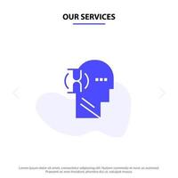 nuestros servicios espere usuario de vidrio icono de glifo sólido masculino plantilla de tarjeta web vector