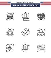 feliz día de la independencia paquete de 9 líneas signos y símbolos para los estados bandera americana américa mía elementos de diseño vectorial editables del día de estados unidos vector