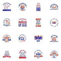 Fathers Day Lettering 16 Blue and red Calligraphic Emblems Badges Set Isolated on Dark Blue Happy Fathers Day Best Dad Love You Dad Inscription Vector Design Elements For Greeting Card and Other
