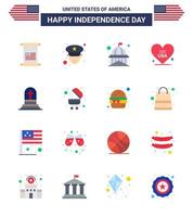 Set of 16 Vector Flats on 4th July USA Independence Day such as grave usa house american heart Editable USA Day Vector Design Elements