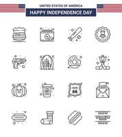 conjunto de 16 iconos del día de los ee.uu. símbolos americanos signos del día de la independencia para el signo de la pistola bola bebida ee.uu. elementos de diseño vectorial editables del día de los ee.uu. vector