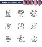 Happy Independence Day 4th July Set of 9 Lines American Pictograph of party celebrate american balloons popsicle Editable USA Day Vector Design Elements