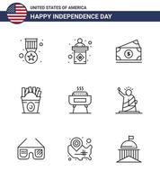 Pack of 9 creative USA Independence Day related Lines of celebration usa dollar food frise Editable USA Day Vector Design Elements