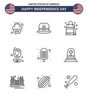 USA Happy Independence DayPictogram Set of 9 Simple Lines of ice cream cream handbag plent imerican Editable USA Day Vector Design Elements
