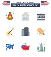 Set of 9 Vector Flats on 4th July USA Independence Day such as american music mail guiter parade Editable USA Day Vector Design Elements