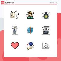 9 User Interface Filledline Flat Color Pack of modern Signs and Symbols of globe focus finance solution human Editable Vector Design Elements