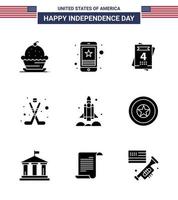 Set of 9 Modern Solid Glyphs pack on USA Independence Day launcher ice mobile hokey wedding Editable USA Day Vector Design Elements