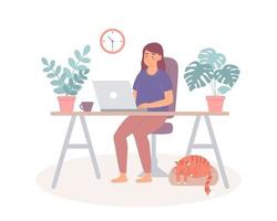 Home office concept. Woman works from home on laptop, student or freelancer, an ideal environment for an introvert. Vector flat illustration
