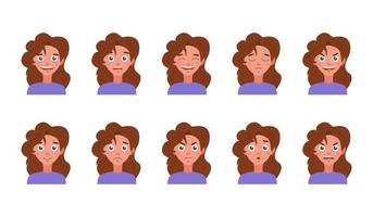 Set of different female emotions, collection of feelings of girl. Vector flat illustration