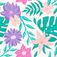 Floral bright print, vector seamless pattern with exotic plants, monstera leaves, palm trees