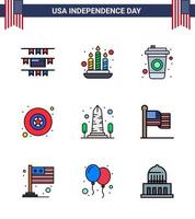 4th July USA Happy Independence Day Icon Symbols Group of 9 Modern Flat Filled Lines of american usa drink sight landmark Editable USA Day Vector Design Elements