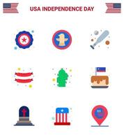 USA Happy Independence DayPictogram Set of 9 Simple Flats of festival plant bat flower sausage Editable USA Day Vector Design Elements