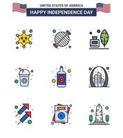 Happy Independence Day 4th July Set of 9 Flat Filled Lines American Pictograph of alcohol drink party cola american Editable USA Day Vector Design Elements