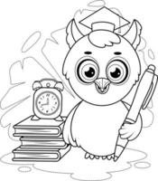 Coloring page. Owl with a pen, books and alarm clock vector