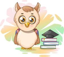 Smart cartoon owl with books and a school bag vector