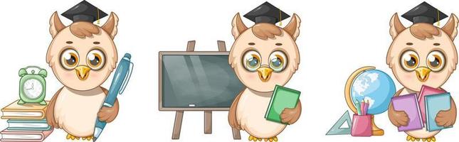 Collection of cute and smart owls with school supplies vector