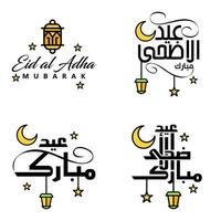 paquete moderno de 4 eidkum mubarak árabe tradicional tipografía kufic cuadrada moderna texto de saludo decorado con estrellas y luna vector