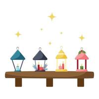 Flat set of Christmas lanterns with candles. Christmas decoration. Lanterns are on the shelf. Candles are burning vector