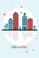 Flat style card with winter cityscape. On the illustration are stylized houses of Amsterdam with dark windows, trees, a snowman and snowflakes. Reflection of houses in the river vector