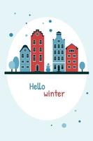 Flat style card with winter cityscape. On the illustration are stylized houses of Amsterdam with dark windows, trees, a snowman and snowflakes. The inscription at the bottom - hello winter vector