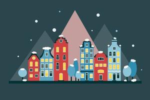 Flat winter cityscape of Amsterdam in red and blue colors. Night, dark background. Mountains in the background. Snow on trees and rooftops. Lights on in the windows vector