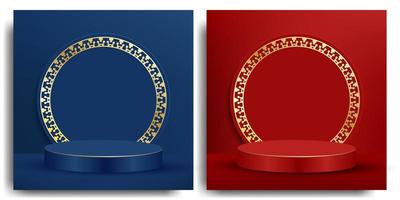 Red and blue round stage podium for Chinese New Year online sales promotion in paper cut style vector