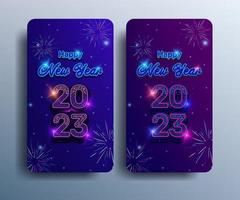 Happy new year 2023 poster and banner for social media stories with neon text effect with colorful halftone sparkles, fireworks, stars vector