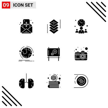 conjunto de pictogramas de 9 glifos sólidos simples de red descubrir programación elementos de diseño vectorial editables en tiempo mundial vector