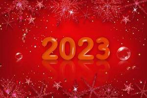 2023 3d realistic numbers, decor and glowing snowflake. Red balloons. Merry Christmas and Happy New Year 2023 greeting card. Sparkling shiny snowflakes with glitter texture. vector