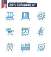 Modern Set of 9 Blues and symbols on USA Independence Day such as shield american police usa american Editable USA Day Vector Design Elements