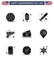 feliz día de la independencia 9 paquete de iconos de glifos sólidos para web e imprimir dinero arma béisbol ejército arma elementos de diseño vectorial editables del día de EE. UU. vector