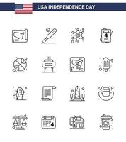 Editable Vector Line Pack of USA Day 16 Simple Lines of ball wedding usa love police sign Editable USA Day Vector Design Elements