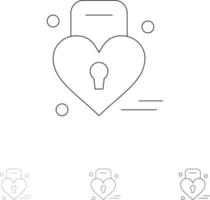 Lock Love Heart Wedding Bold and thin black line icon set vector
