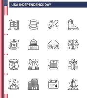 16 USA Line Signs Independence Day Celebration Symbols of hip drink baseball alcoholic boot Editable USA Day Vector Design Elements
