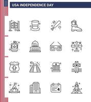 16 signos de línea de estados unidos celebración del día de la independencia símbolos de bebida de cadera béisbol bota alcohólica elementos de diseño de vector de día de estados unidos editables