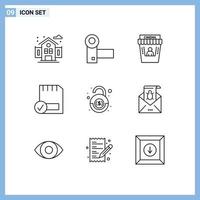 Group of 9 Outlines Signs and Symbols for bank devices cinema connected card Editable Vector Design Elements