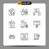 Pack of 9 Modern Outlines Signs and Symbols for Web Print Media such as atom science experiment wedding science laboratory Editable Vector Design Elements