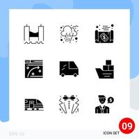 9 User Interface Solid Glyph Pack of modern Signs and Symbols of van window banking web page travel Editable Vector Design Elements